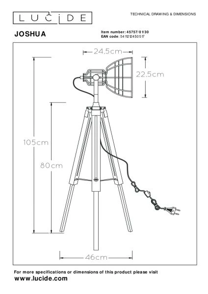 Lucide JOSHUA - Vloerlamp - 1xE27 - Zwart - technisch